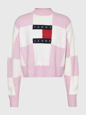 Tommy Jeans dámsky ružovo-biely sveter CHECKER FLAG - S (0JW)