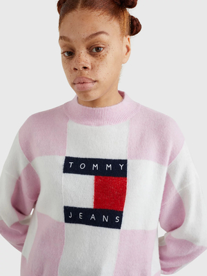 Tommy Jeans dámsky ružovo-biely sveter CHECKER FLAG - S (0JW)