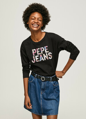 Pepe Jeans dámske čierne tričko s potlačou LUNA - XS (990)