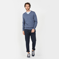 Tommy Hilfiger pánsky modrý sveter s výstrihom do V - S (DVA)