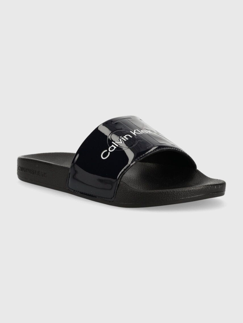 Dámske tmavomodré šľapky Calvin Klein SLIDE METALLIC MONOLOGO