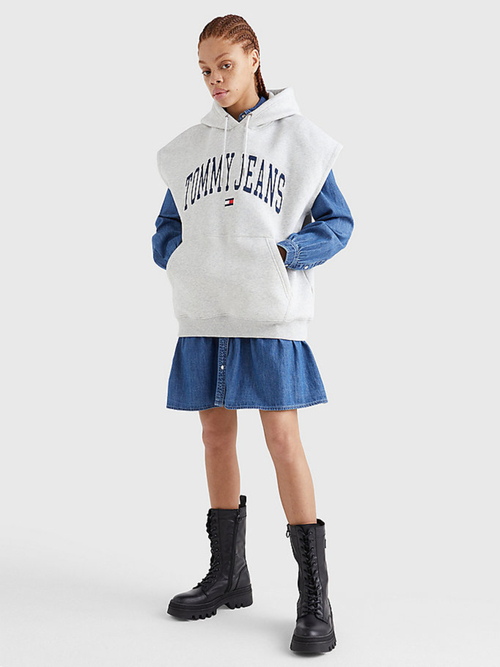 Tommy Jeans dámska šedá mikinová vesta COLLEGIATE LOGO