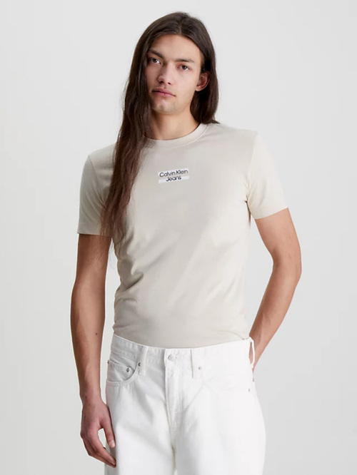 Calvin Klein pánske béžové tričko TRANSPARENT STRIPE LOGO