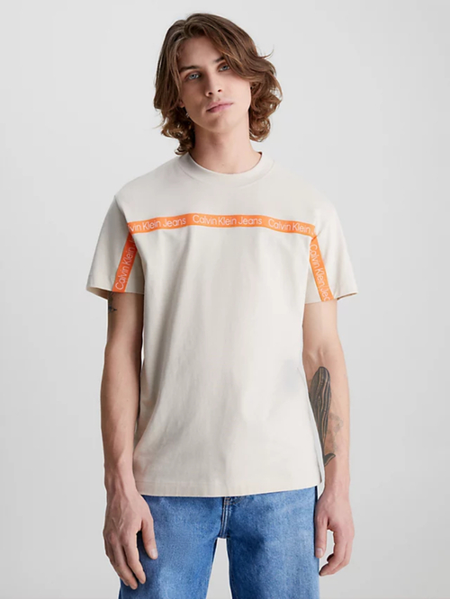Calvin Klein pánske béžové tričko LOGO TAPE
