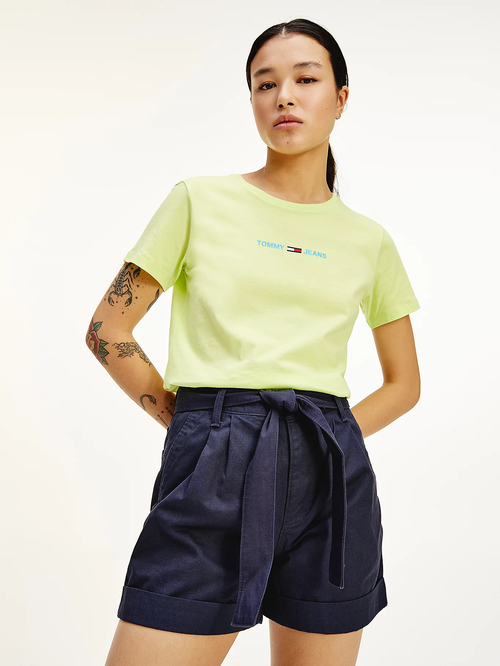 Tommy Jeans dámske zelené tričko SLIM MULTI LINEAR LOGO