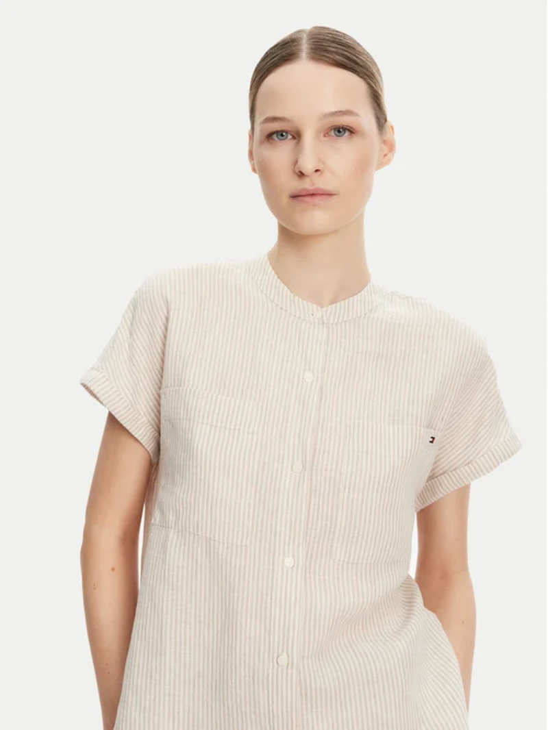 detail Tommy Hilfiger dámska béžová pruhovaná ľanová košeľa