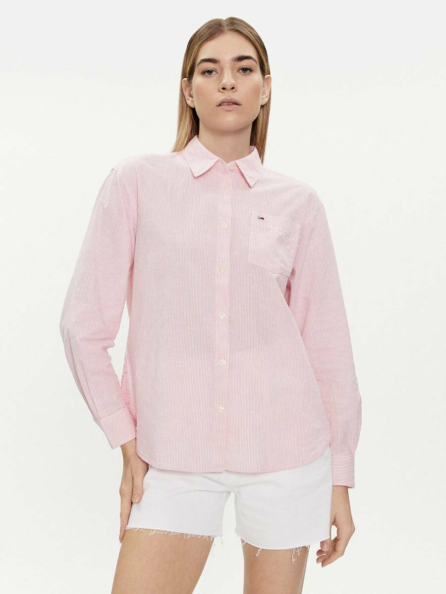 detail Tommy Jeans dámska pruhovaná ružová košeľa