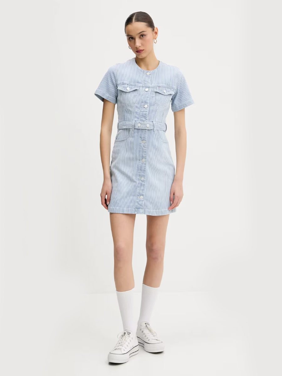 detail Tommy Jeans dámske modré džínsové šaty