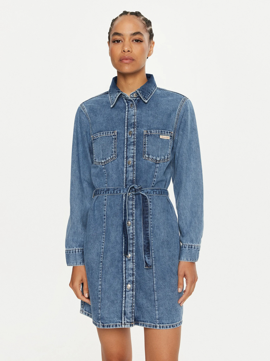 detail Calvin Klein dámske modré riflové šaty
