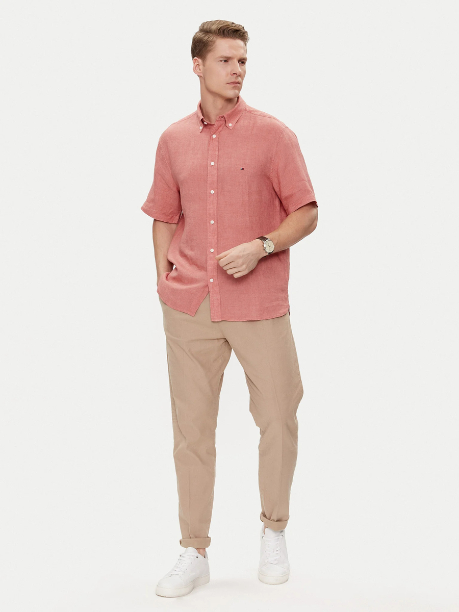 detail Tommy Hilfiger pánska ľanová ružová košeľa 