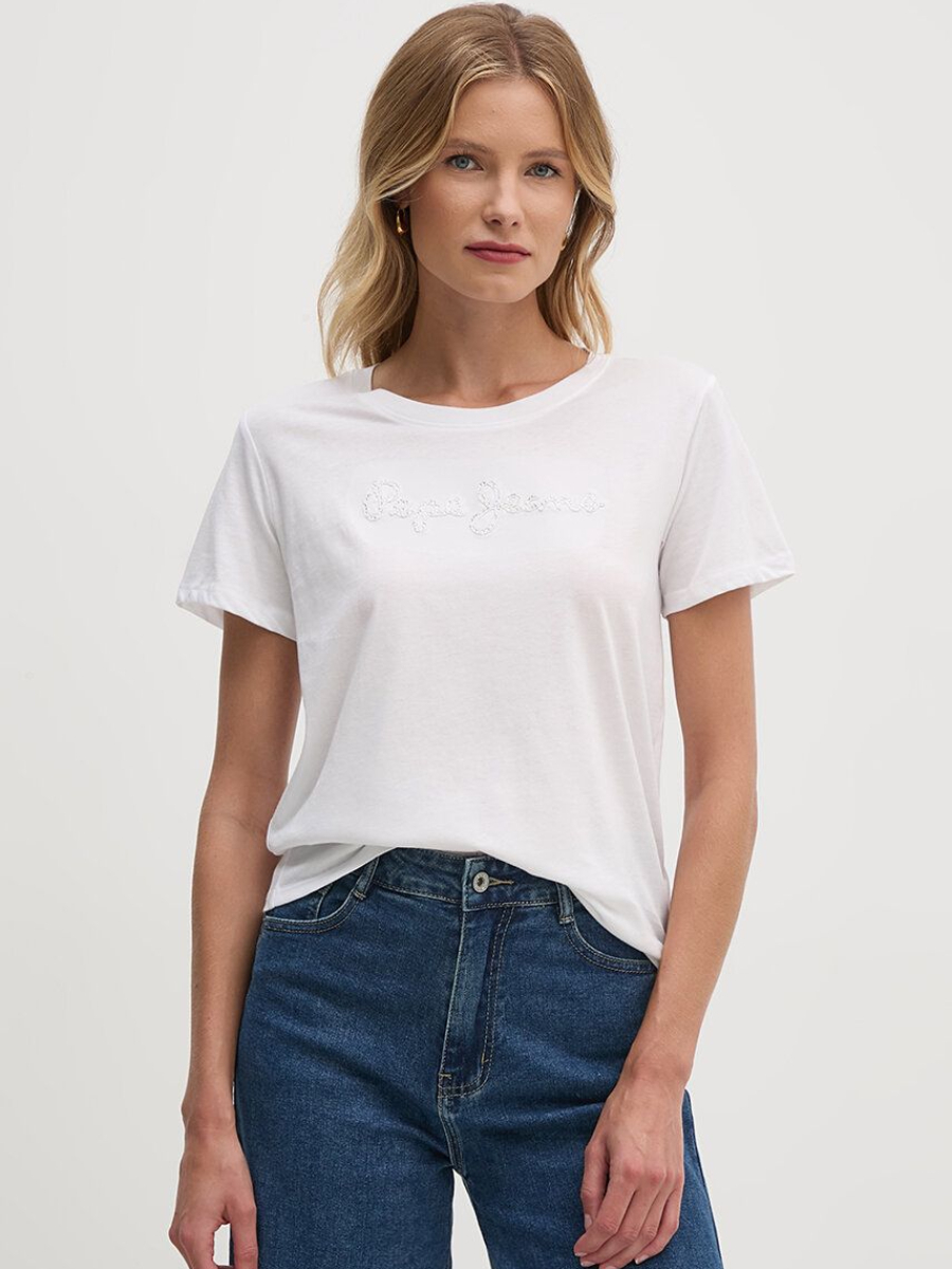 detail Pepe Jeans dámske biele tričko Espe