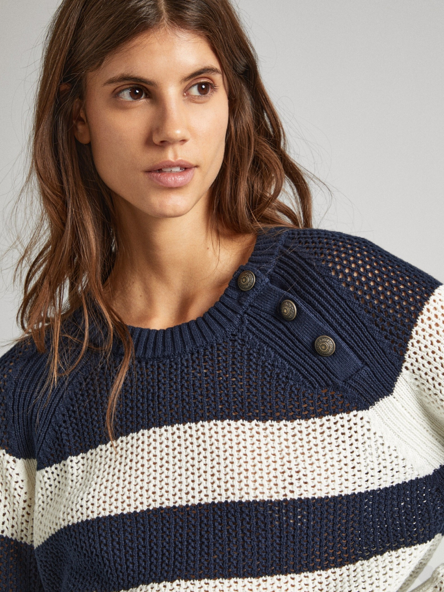 detail Pepe Jeans dámsky modro biely sveter
