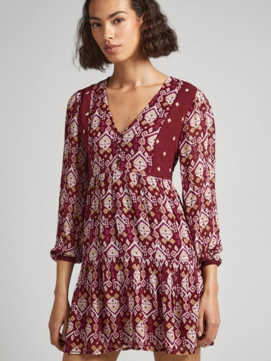 detail Pepe Jeans dámske vínové vzorované šaty