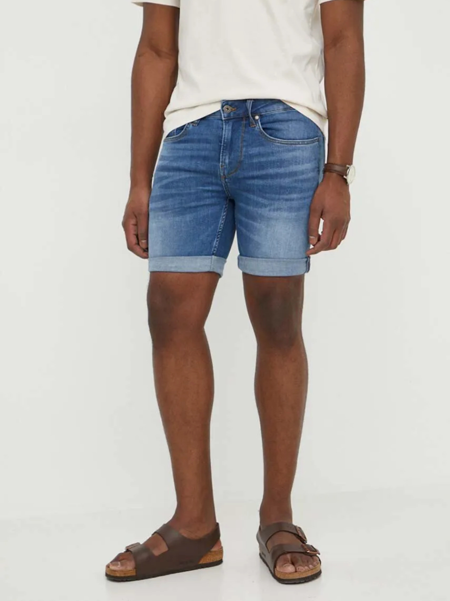 detail Pepe Jeans pánske modré džínsové šortky
