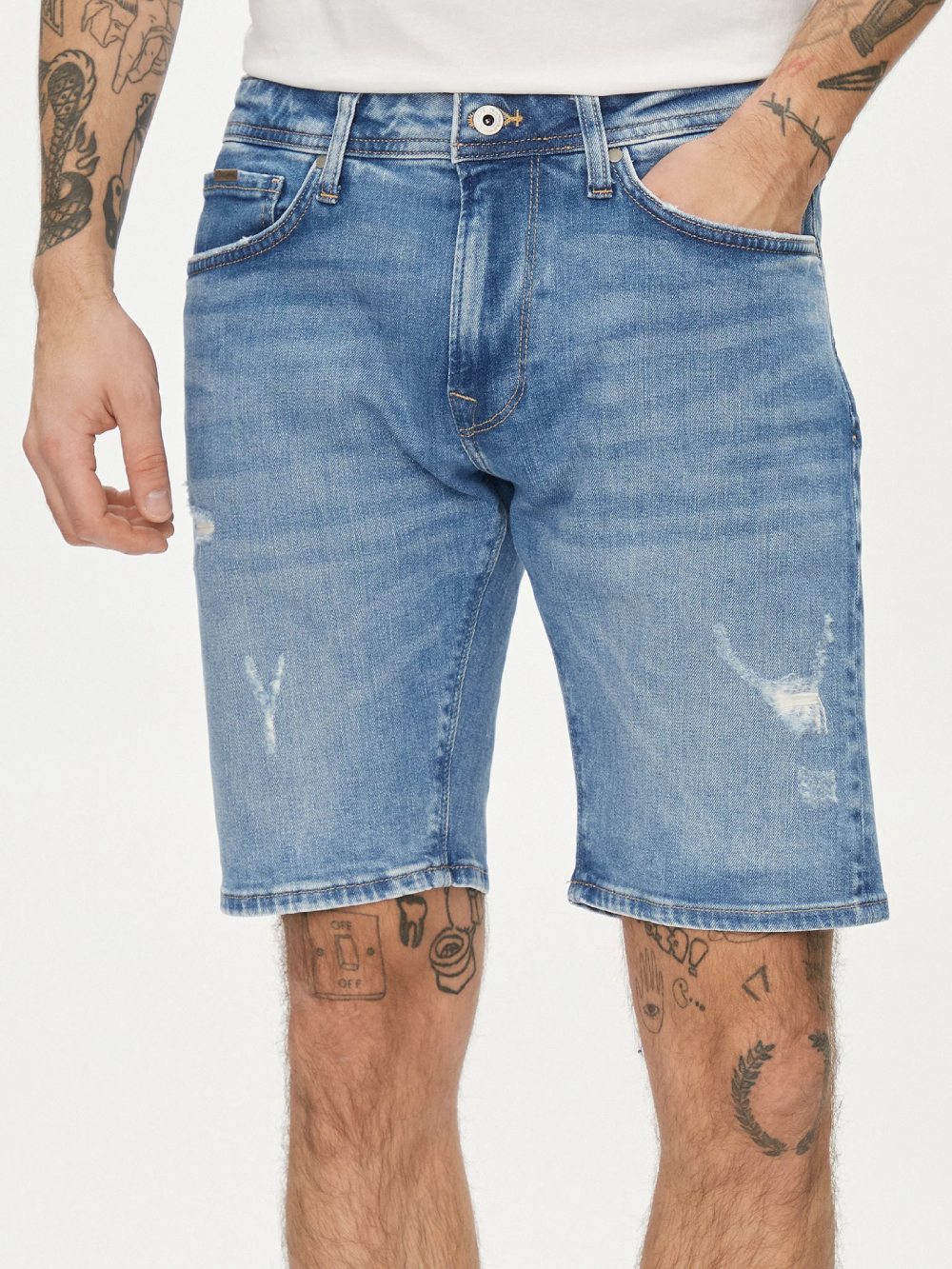 detail Pepe Jeans pánske modré džínsové šortky