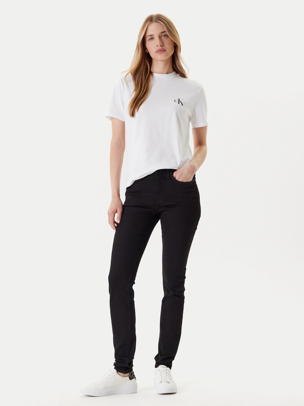 detail Calvin Klein dámske čierne skinny džínsy