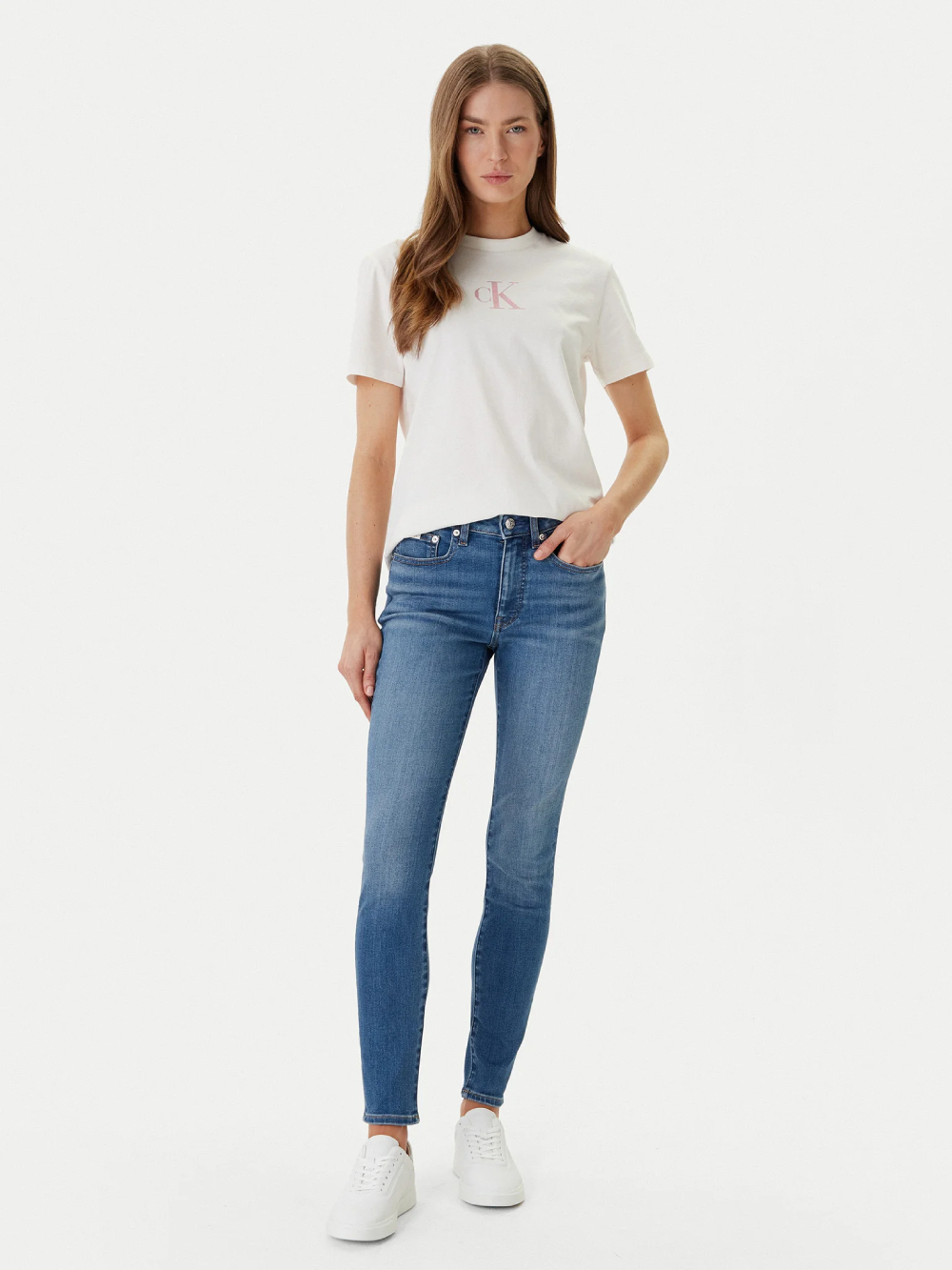 detail Calvin Klein dámske modré skinny džínsy