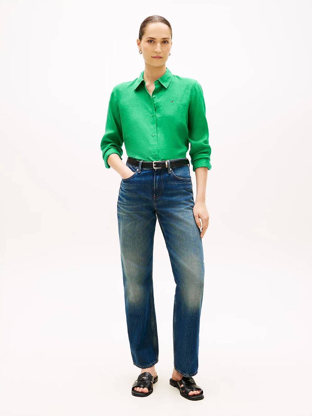detail Tommy Hilfiger dámska zelená ľanová košeľa