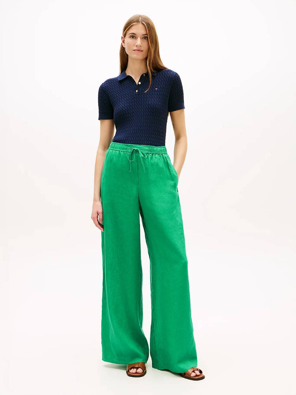 detail Tommy Hilfiger dámske zelené ľanové nohavice