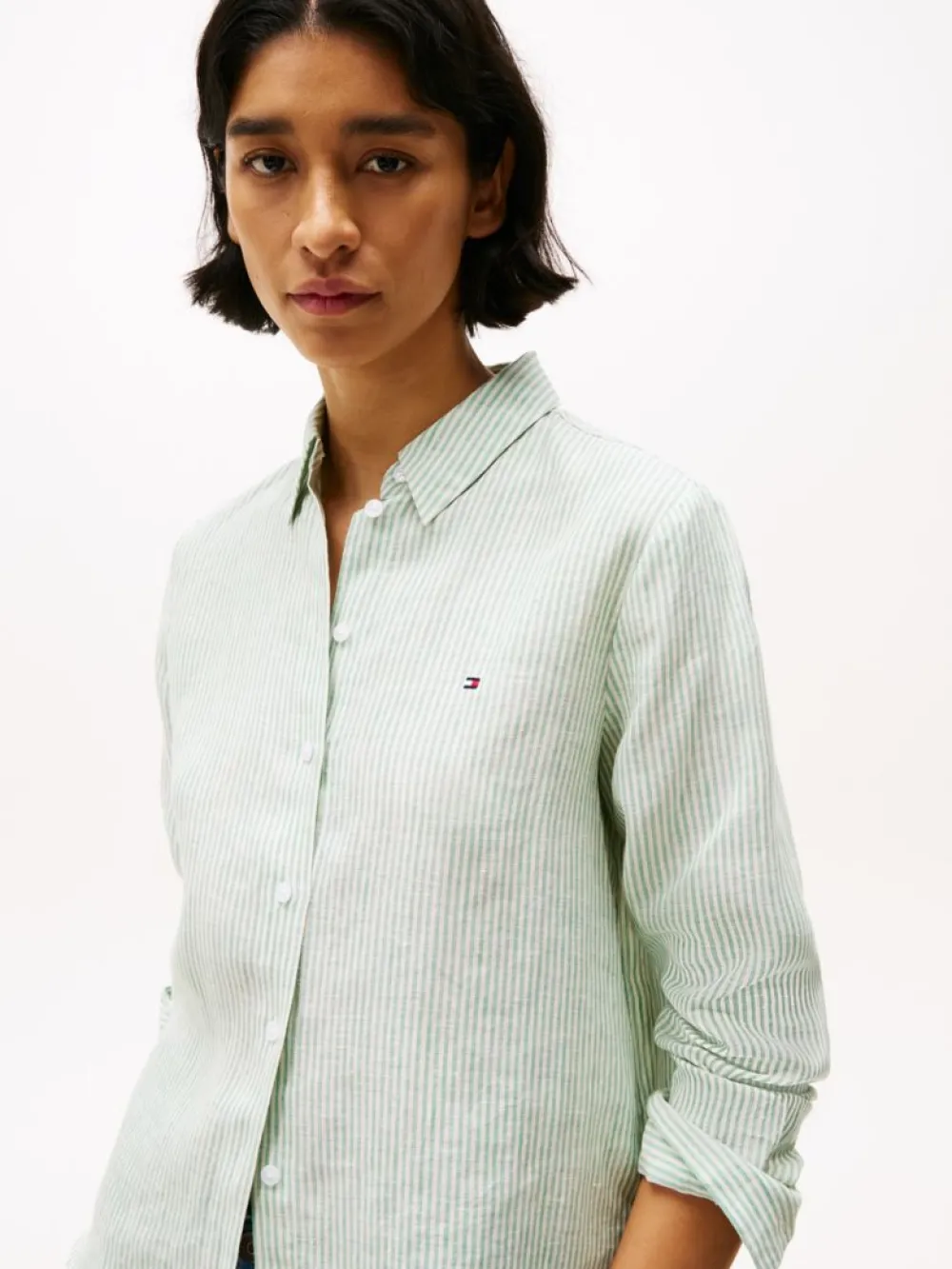 detail Tommy Hilfiger dámska pruhovaná ľanová košeľa