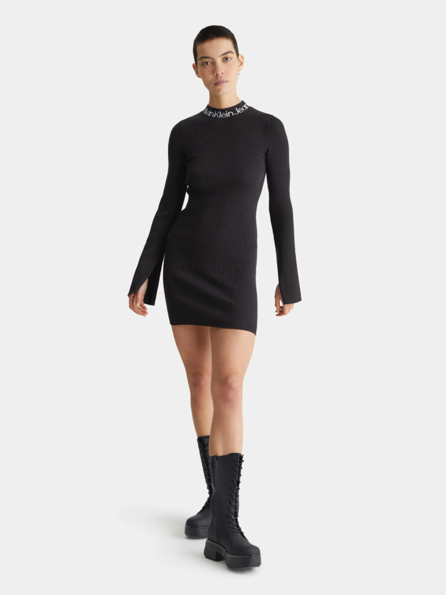 detail Calvin Klein dámske čierne úpletové šaty