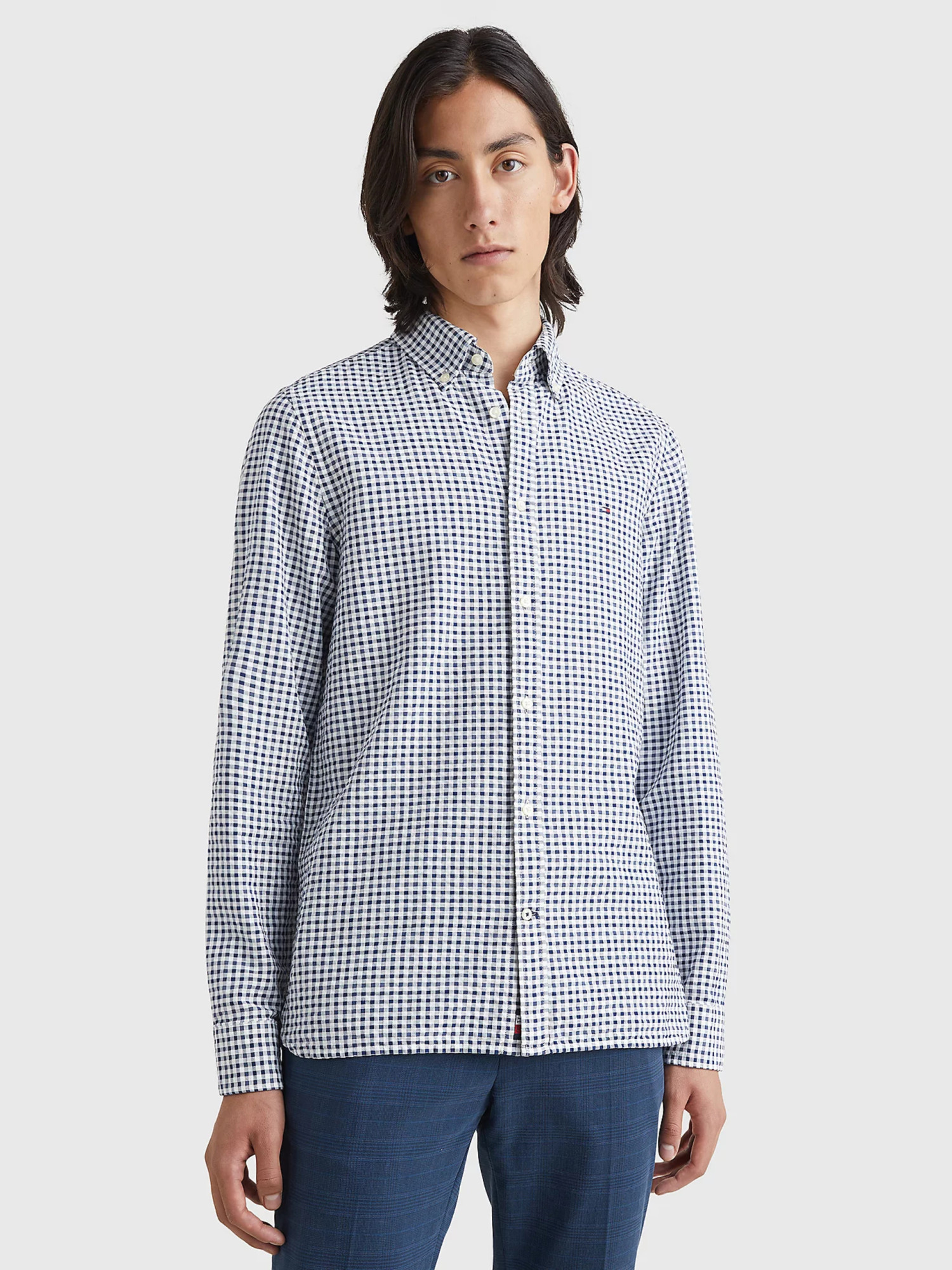 detail Tommy Hilfiger pánska modrá kockovaná košeľa