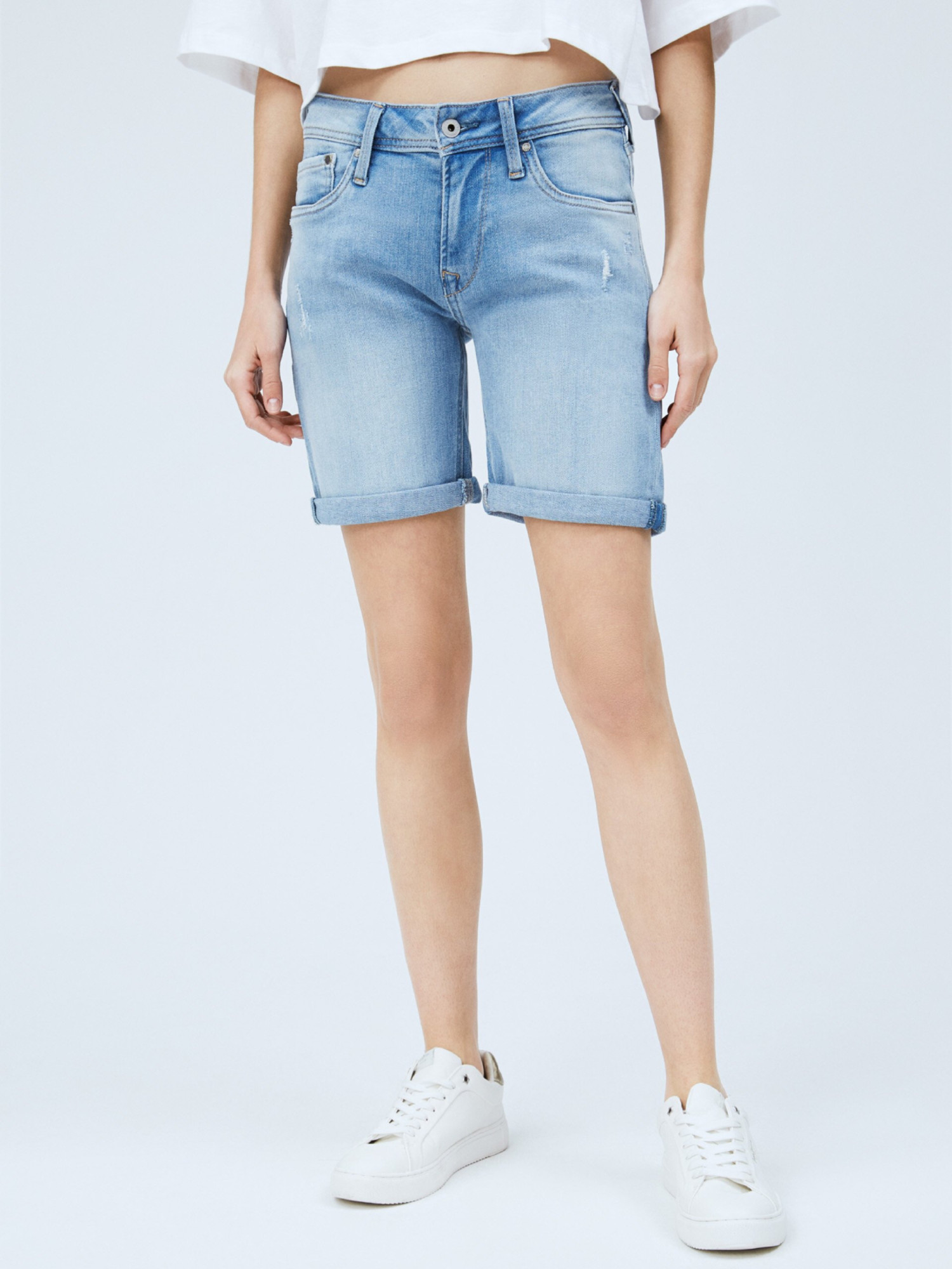 detail Pepe Jeans dámske modré džínsové šortky Poppy