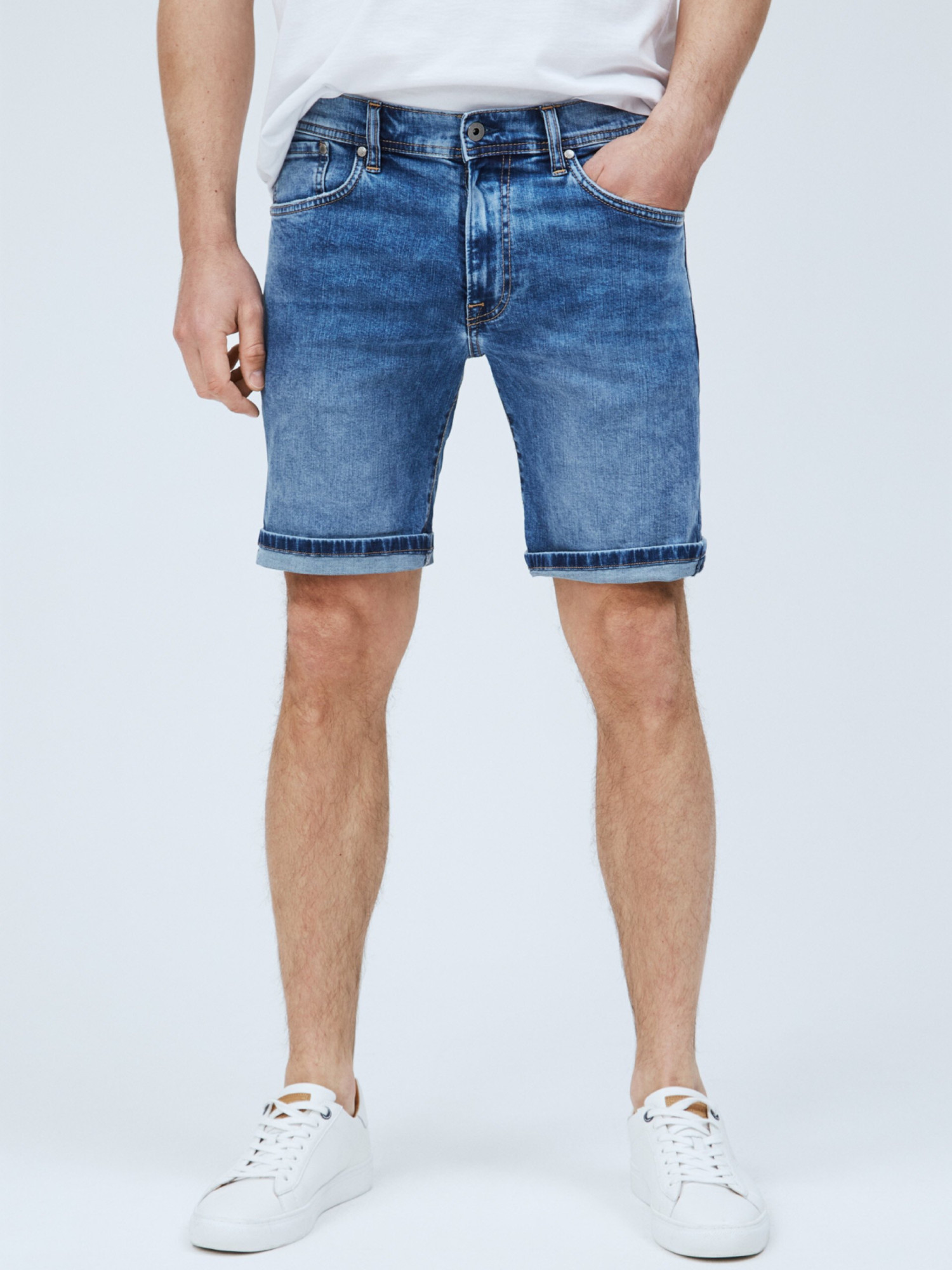 detail Pepe Jeans pánske modré džínsové šortky Cane