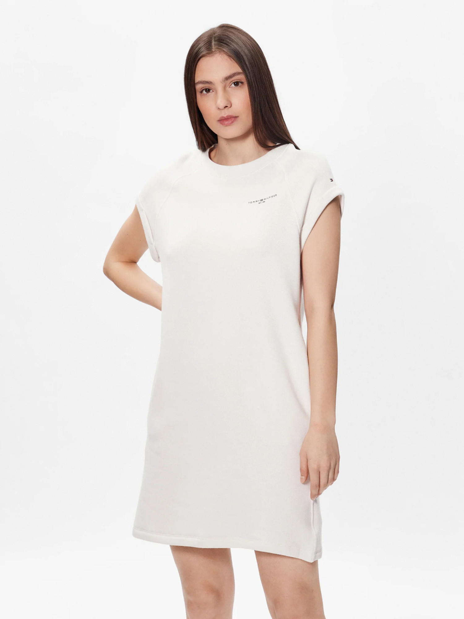 detail Tommy Hilfiger dámske krémové mikinové šaty