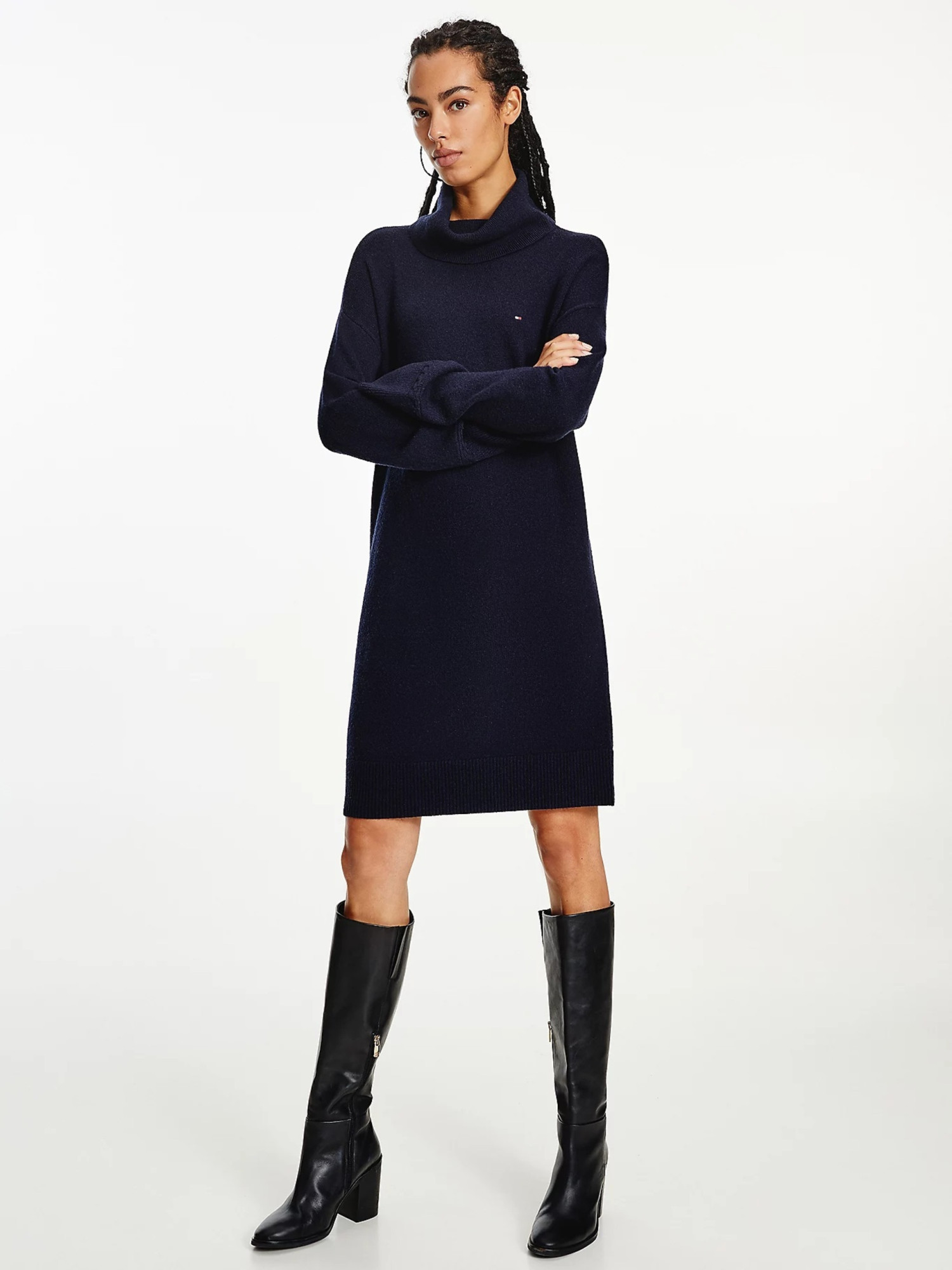 detail Tommy Hilfiger dámske modré pletené šaty Softwool