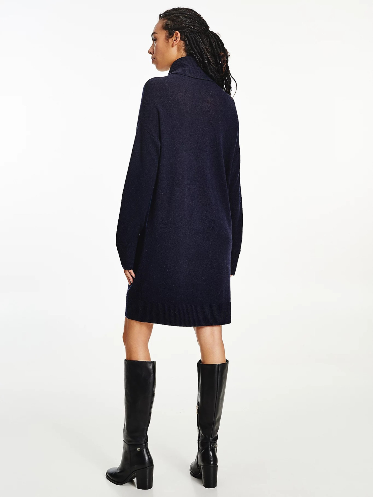 detail Tommy Hilfiger dámske modré pletené šaty Softwool