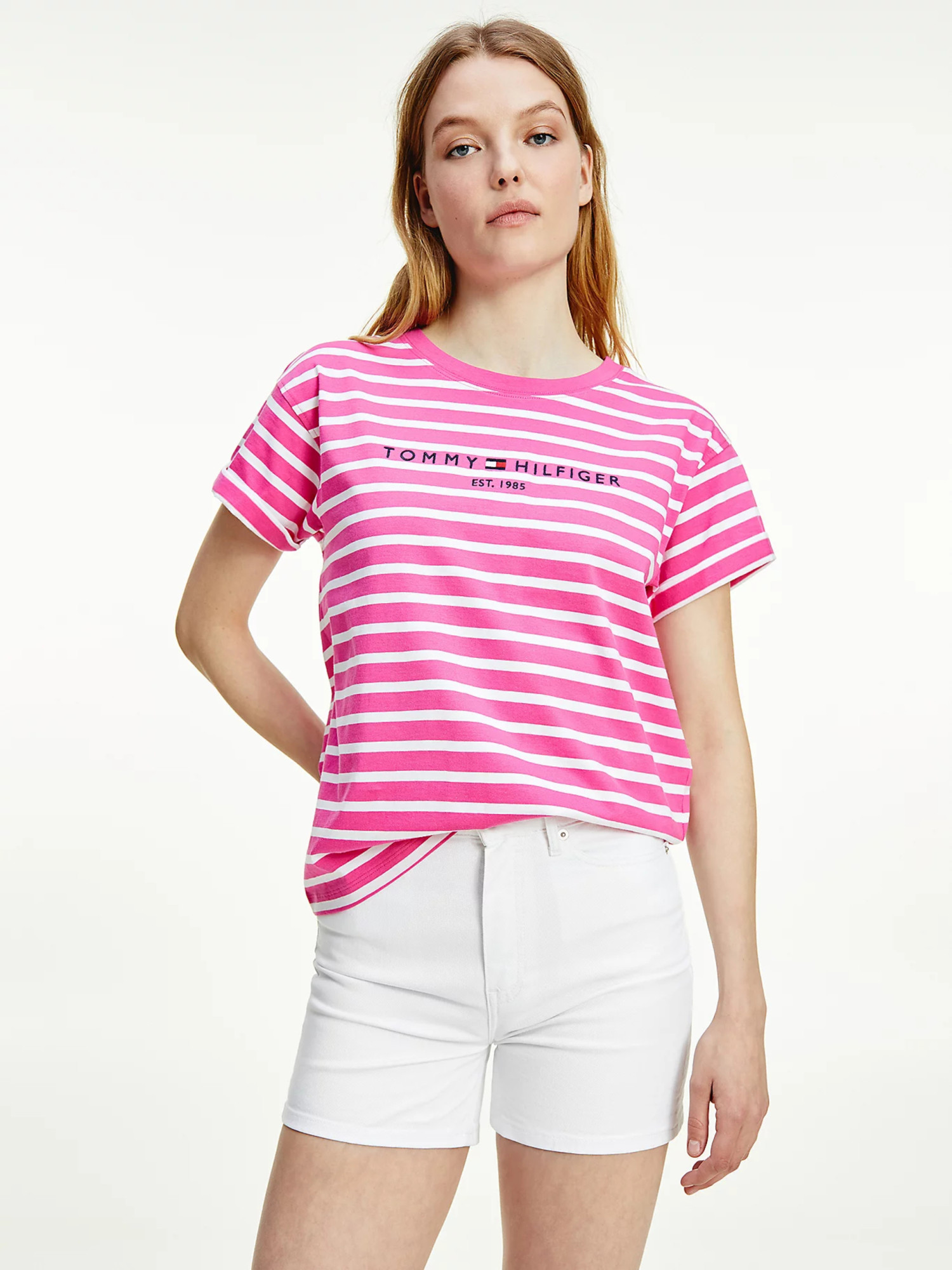 detail Tommy Hilfiger dámske ružové pruhované tričko