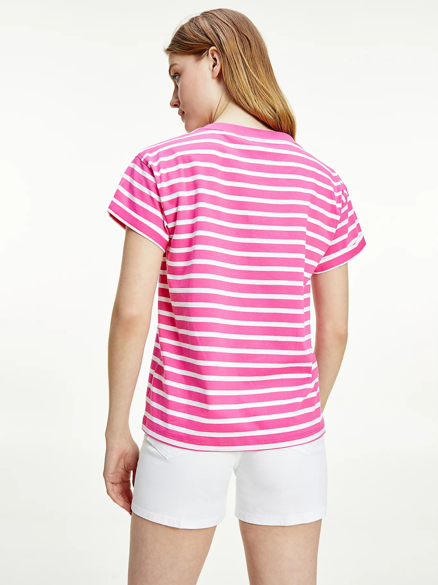 detail Tommy Hilfiger dámske ružové pruhované tričko