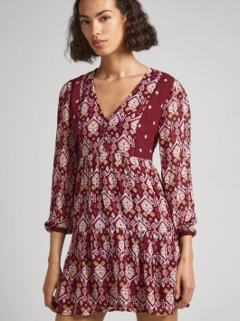 nahlad Pepe Jeans dámske vínové vzorované šaty