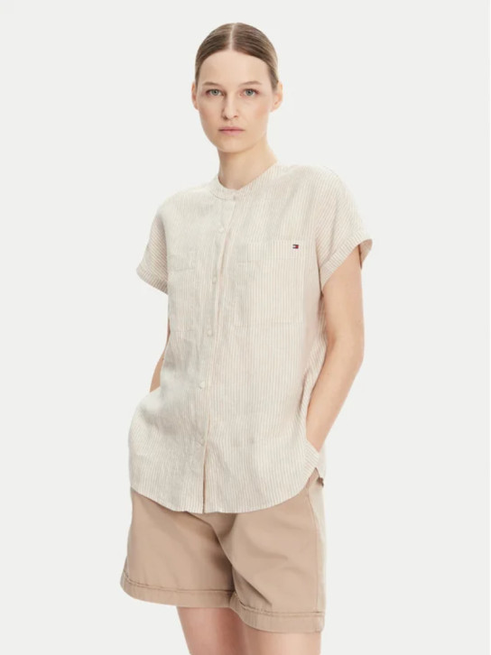 Tommy Hilfiger dámska béžová pruhovaná ľanová košeľa